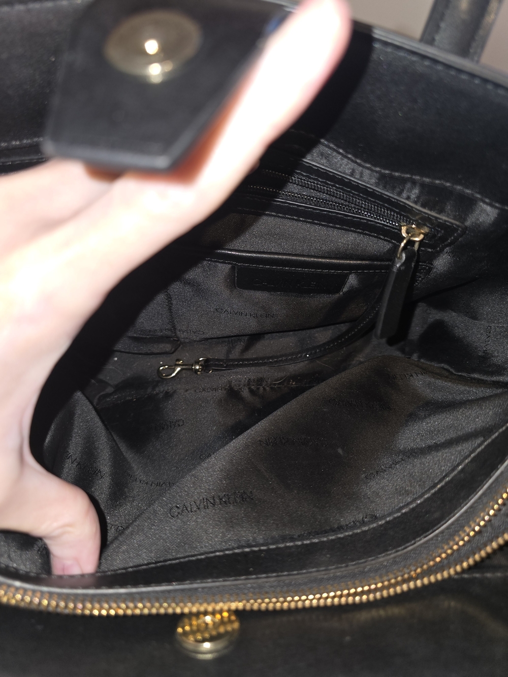 Calvin Klein Black Leather Tote Bag with Gold Lock - Picture 9 of 13